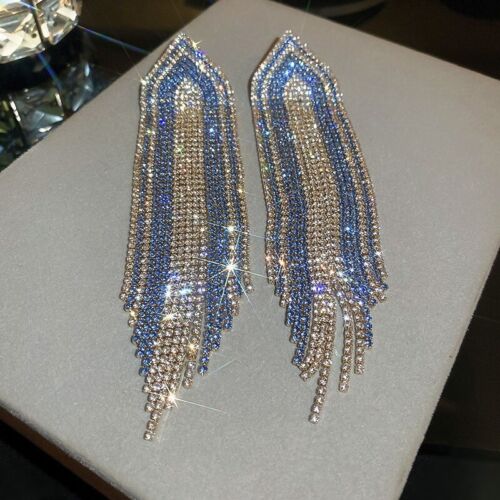 Women's Fashion Elegant Silver Statement Rhinestone Drop Earrings Oversize Long Jewelry