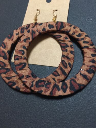 Fashion Ladies Round Wood Clothed Statement Earrings w Cheetah Enhancements