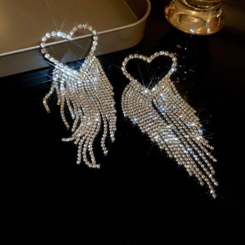 Luxury Ladies Sexy Heart Statement Rhinestone Stunning Crystal  Dangle Earrings Women