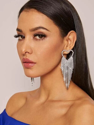 Luxury Ladies Sexy Heart Statement Rhinestone Stunning Crystal  Dangle Earrings Women