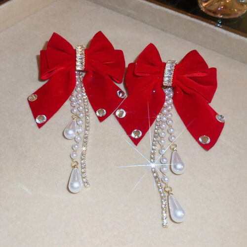 Trendy Cloth Bow Full Rhinestone Tassel Earrings Women's Fashion Bead Jewelry