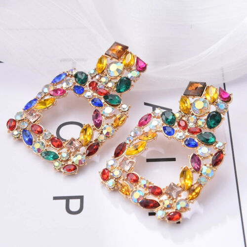 Fashion Square Geometric Metal Colorful Rhinestone Drop Earrings Ladies Women’s