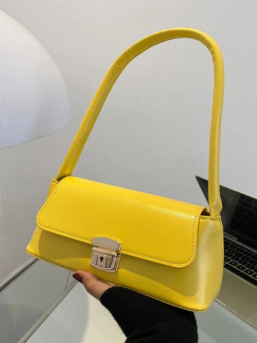 Yellow Women’s Metal Lock Fashion Statement Design Baguette Tote Shoulder Purse