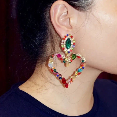 Women's Fashion Drop Earrings Statement Heart Shape Full Of Shiny Rhinestone  Beautiful Colors