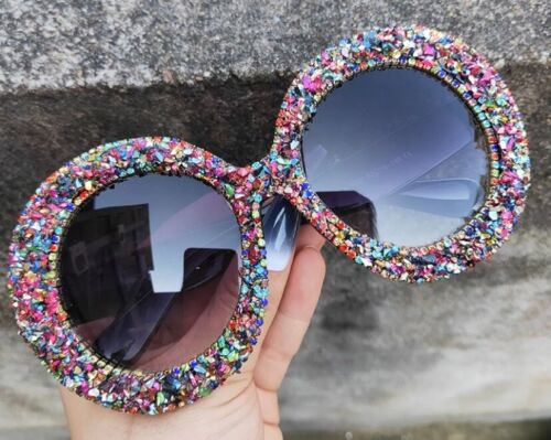 Fashion Statement Big Round Sunglasses Women's Rhinestone Glitter Crystal Luxury Shades
