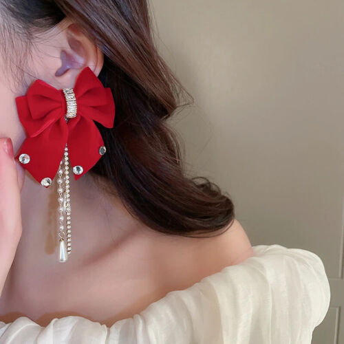 Trendy Cloth Bow Full Rhinestone Tassel Earrings Women's Fashion Bead Jewelry