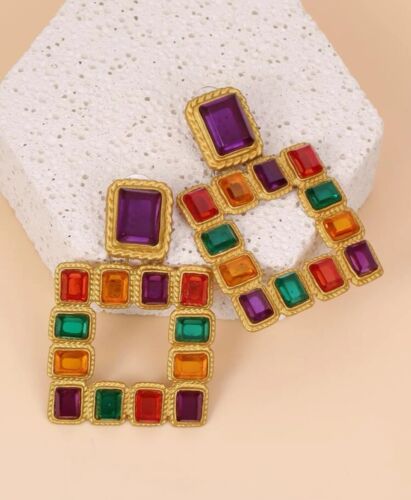 Fashion Bling Square Styled Rhinestone Statement Multicolored Earrings Women Accessory
