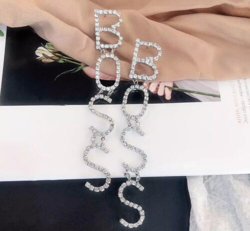 Girl Boss Statement Rhinestone Long Silver Earrings Women’s Trend Fashion Accessory