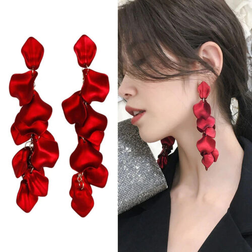 Women's Fashion Statement Long Acrylic Rose Petal Dazzle Ladies Dangle Earrings Jewelry