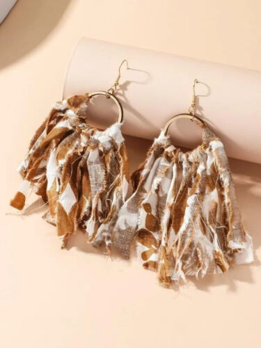 Women's Fashion Tassel Drop Cloth Brown Mix Dangle Statement Earrings Jewelry