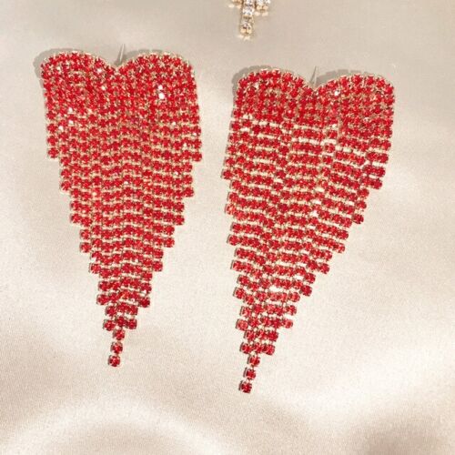 Red Fashion Statement Rhinestone Angle Wing Heart Dangle Earrings for Women Jewelry