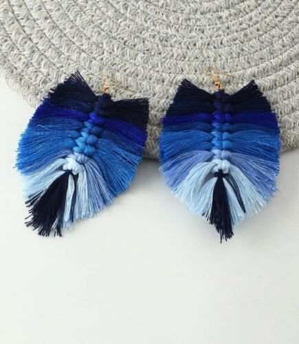 Blue Fan Feathered Tassel Styled Statement Fashion Earrings Women’s Accessories