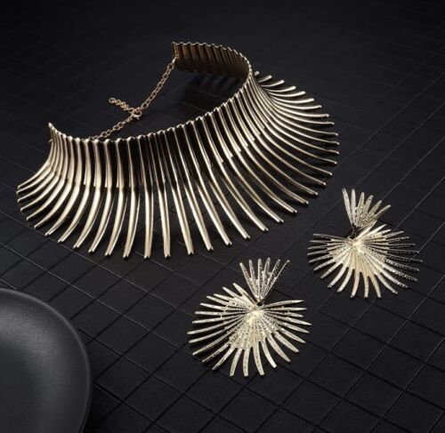 Ladies Fashion Gold Spike Shaped Statement Earrings & Necklace Set Women Nubian Styled Jewelry