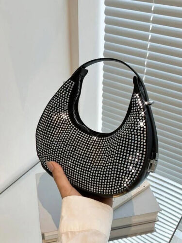 Women's Rhinestone Fashionable Black Tote Clutch Statement Bag Purse Ladies