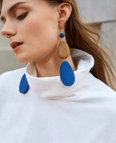 Trendy Fashion Wooded Blue Long Statement Earrings Women’s Jewelry