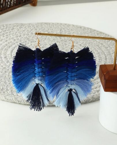 Blue Fan Feathered Tassel Styled Statement Fashion Earrings Women’s Accessories