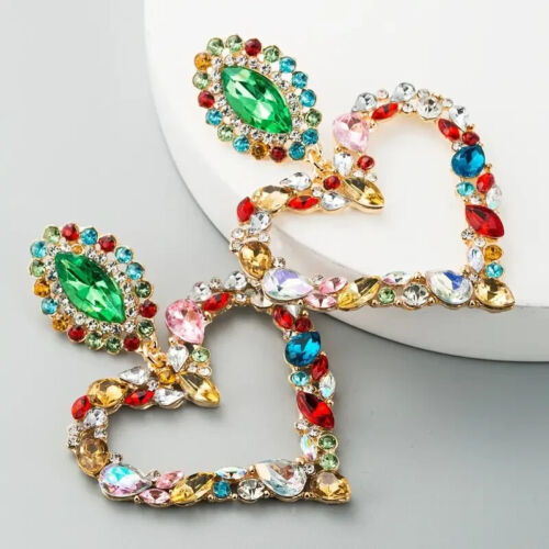 Women's Fashion Drop Earrings Statement Heart Shape Full Of Shiny Rhinestone  Beautiful Colors