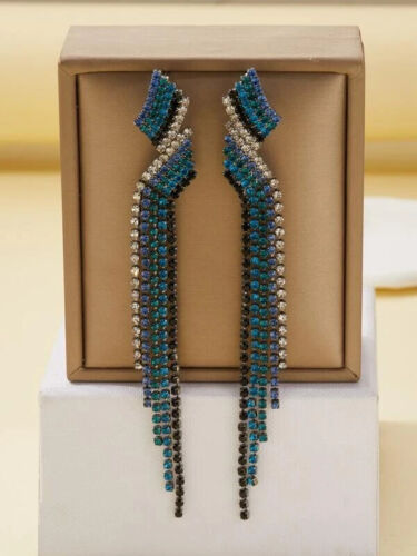 Blue Rhinestone Crystal Fashion Long Tassel Earrings for Women's Jewels